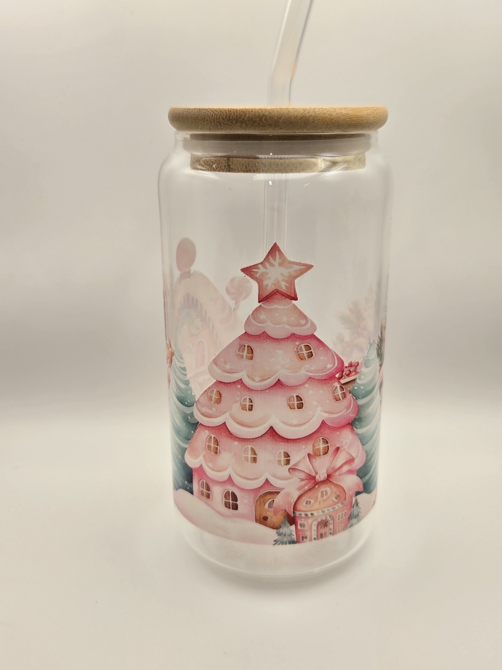 Glass Drink Bottle with Bamboo Lid — Pink & Mint Gingerbread House Design - Picture 2 of 4